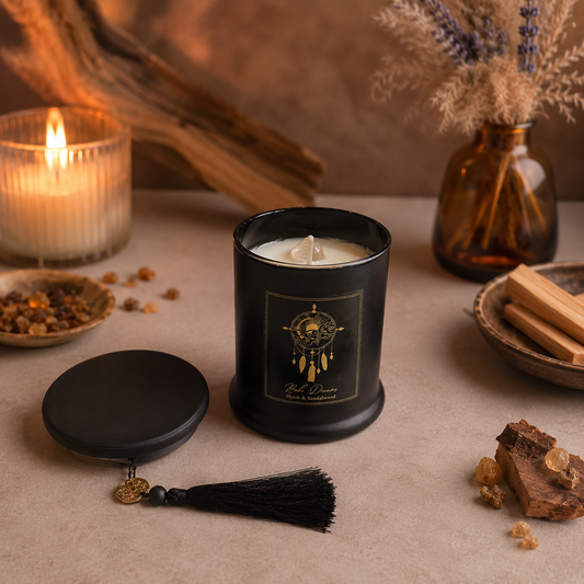 Vela Aromática Esotérica 300 g – Frasco de Vidrio Negro con Piedra