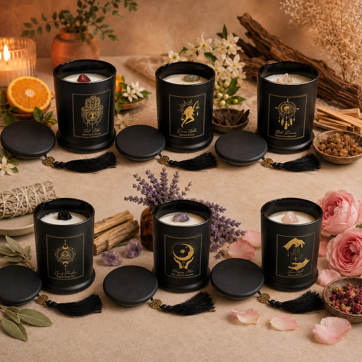 Vela Aromática Esotérica 300 g – Frasco de Vidrio Negro con Piedra