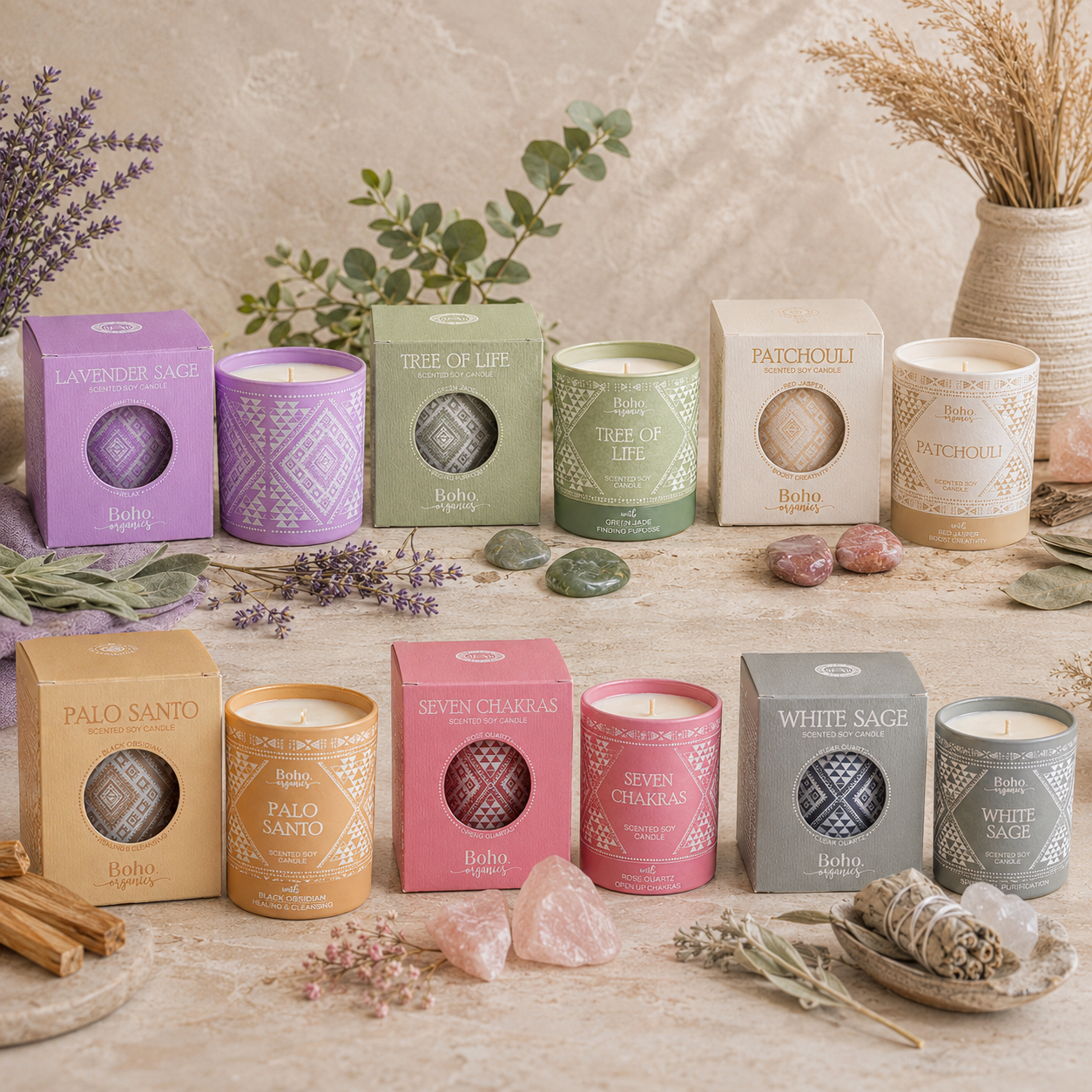 Vela Aromática Orgánica Boho 120 g con Piedras Energéticas