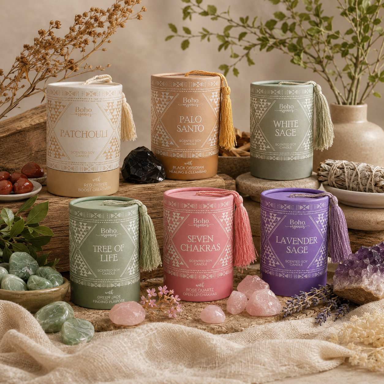 Vela Aromática Orgánica Boho 200 g con Piedra Energética