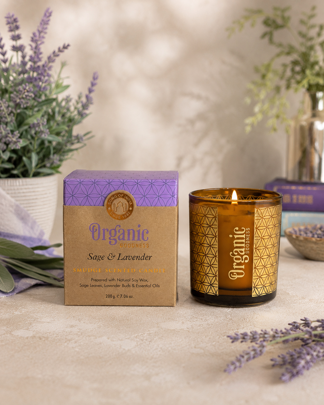 Vela Aromática Organic Smudge 200 g – Frasco de Vidrio Dorado