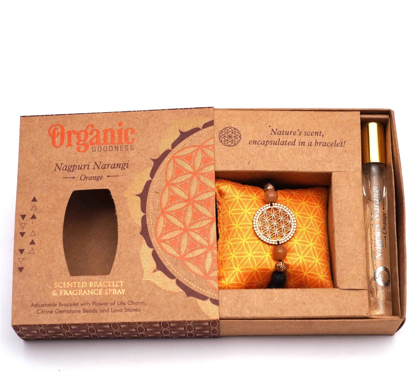 Kit Pulsera Flor de La Vida, Lava Volcanica y Perfume 12 ml - 🍊 Perfume Naranja & Piedras de Citrino
