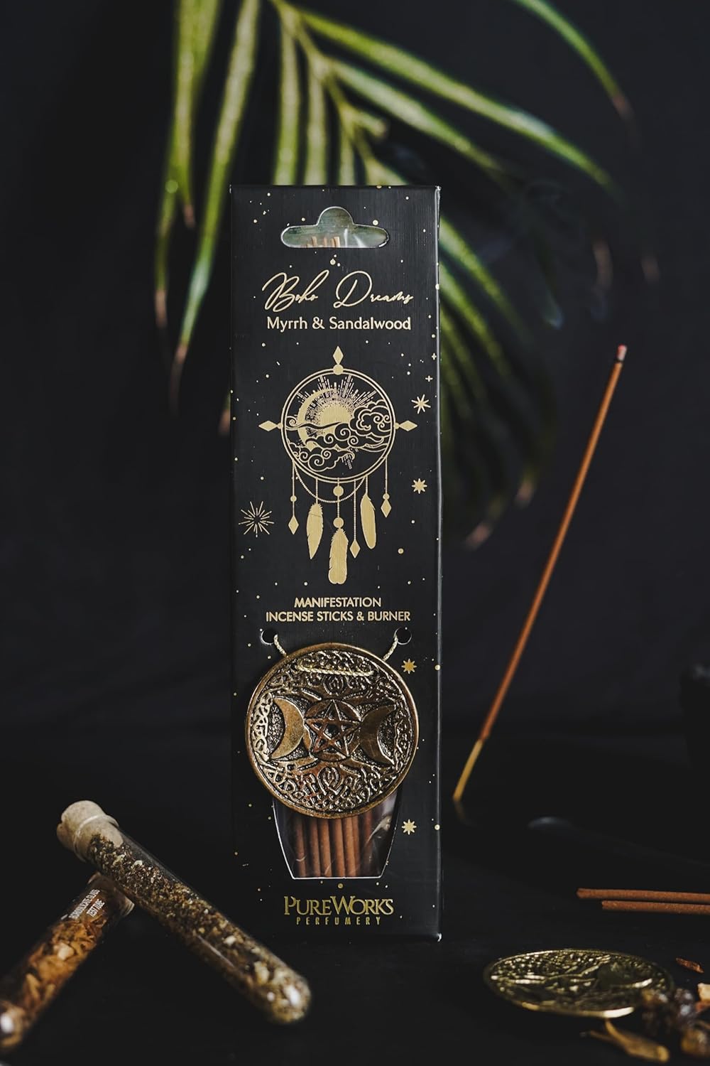 Kit Incienso Esotérico + Quemador de Metal (Luna Creciente) en Caja