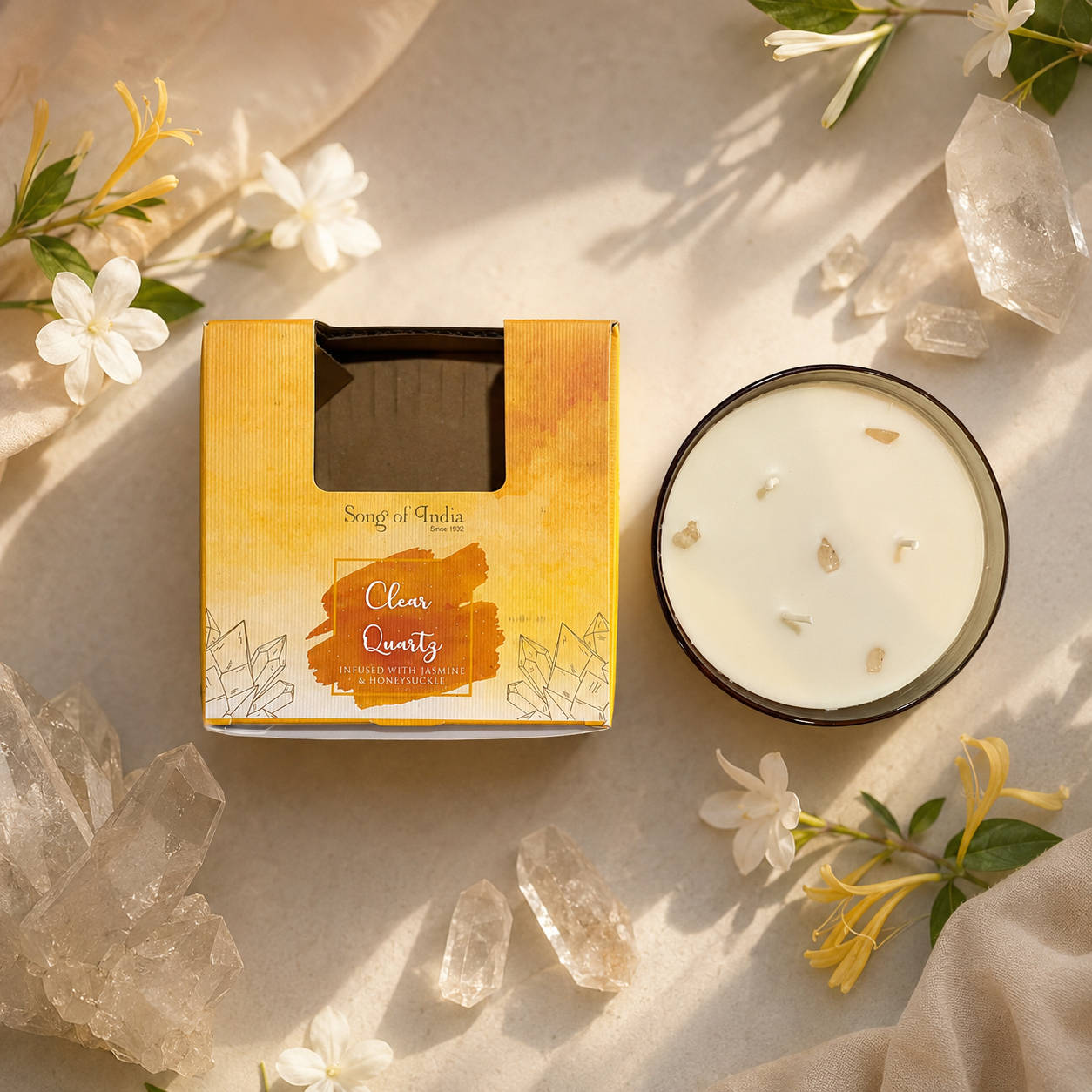 Vela Aromática con Piedras Energéticas 200 g – Frasco de Vidrio Plano