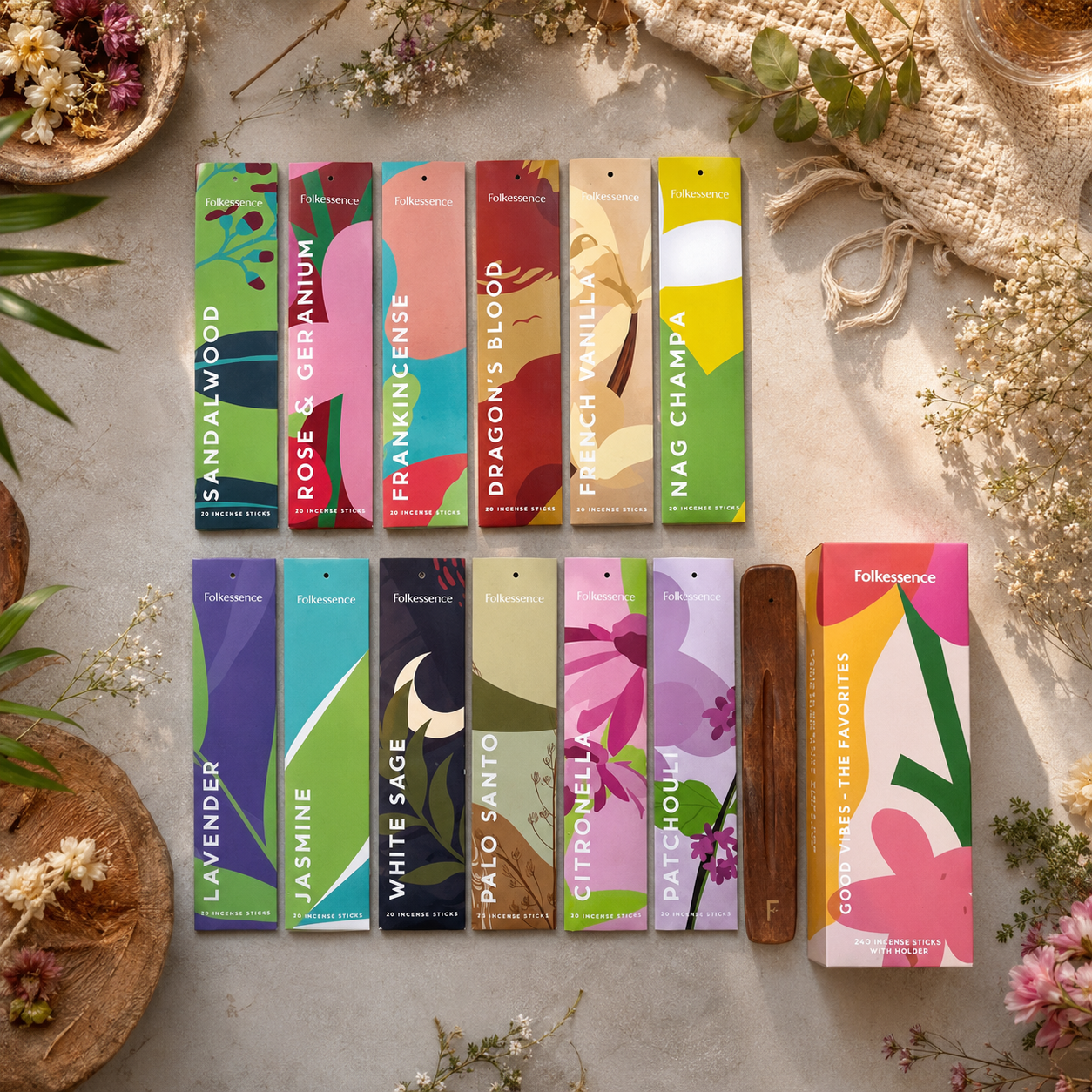 Inciensos Folkessence Good Vibes – The Favorites | Caja con 12 Aromas + Porta Incienso