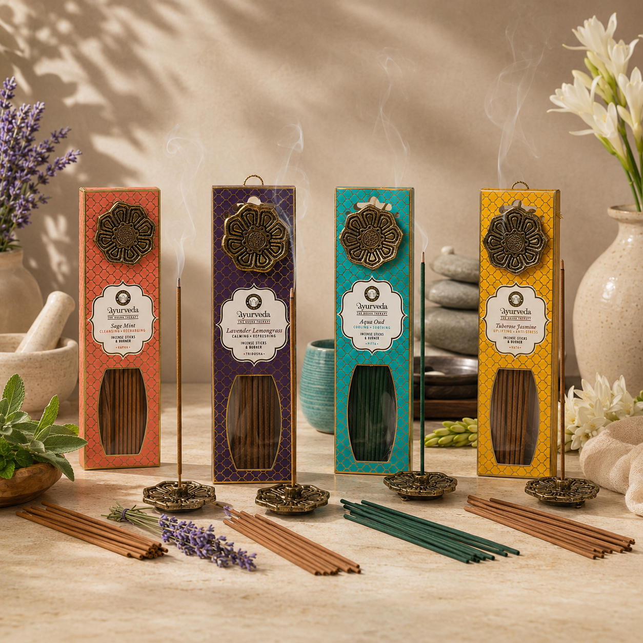 Pack Mayorista de 8 Inciensos Ayurveda con Quemador de Metal Colgante