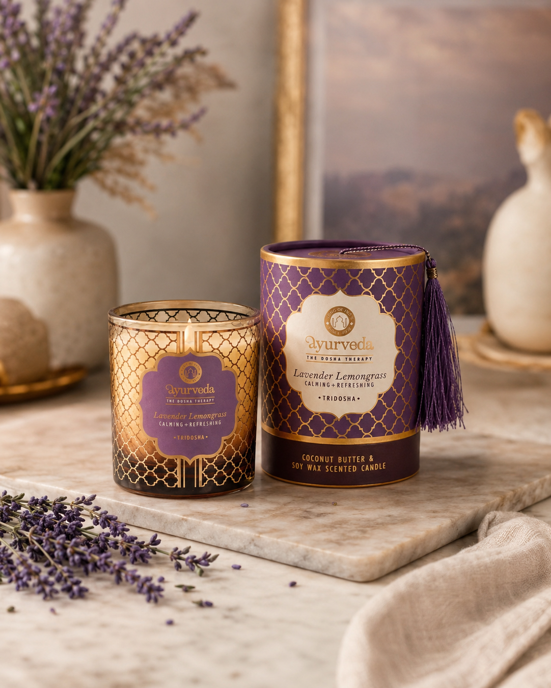 Vela Aromática Ayurveda 200 g  – Frasco de Vidrio con Estuche