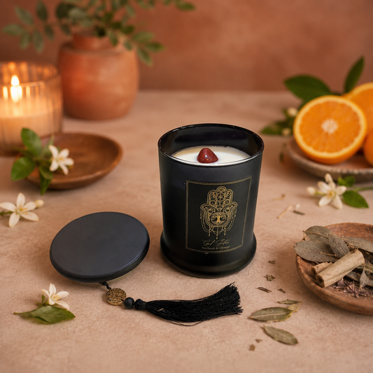 Vela Aromática Esotérica 300 g – Frasco de Vidrio Negro con Piedra