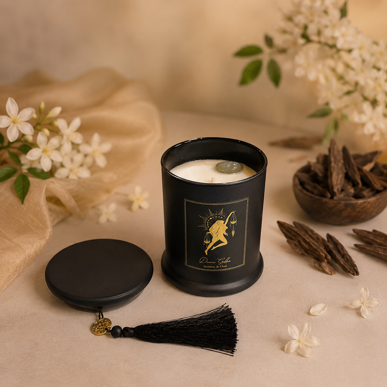 Vela Aromática Esotérica 300 g – Frasco de Vidrio Negro con Piedra