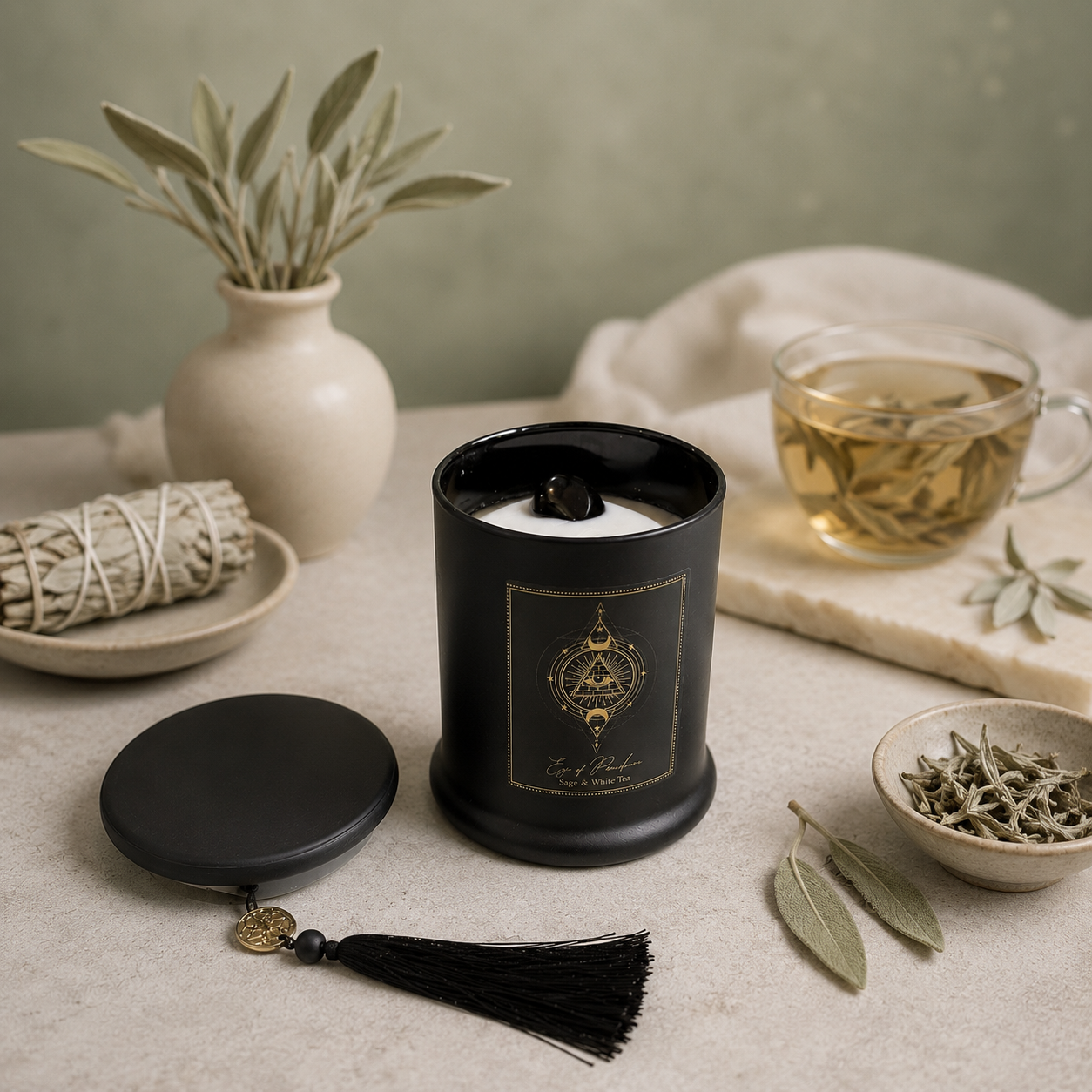 Vela Aromática Esotérica 300 g – Frasco de Vidrio Negro con Piedra