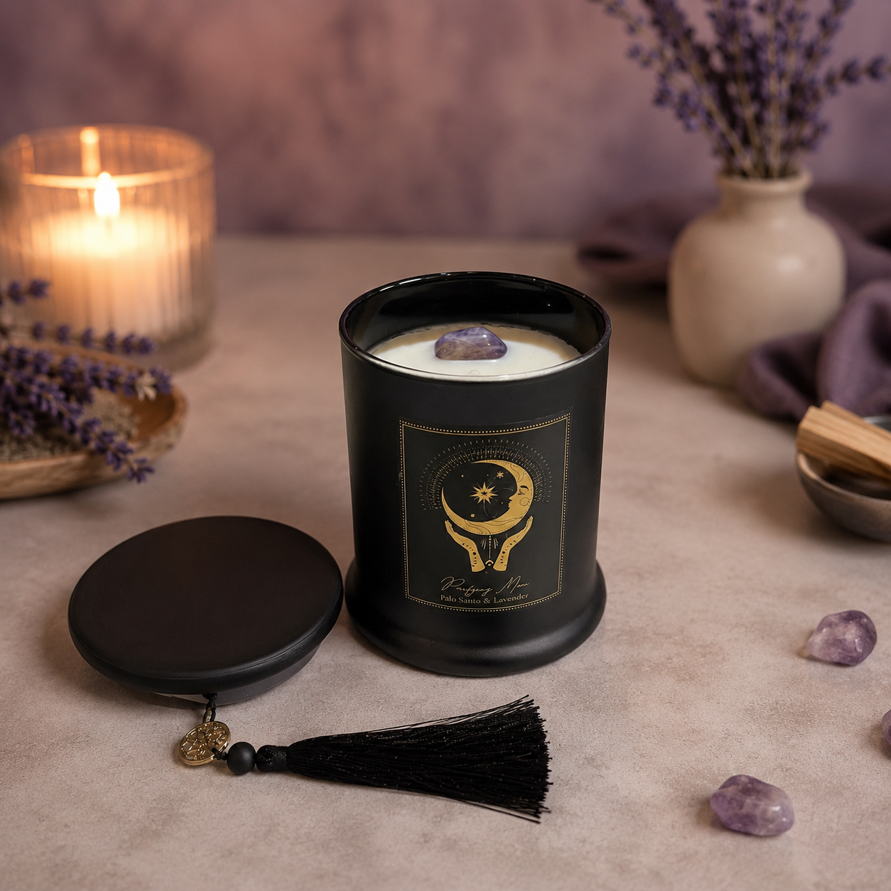 Vela Aromática Esotérica 300 g – Frasco de Vidrio Negro con Piedra