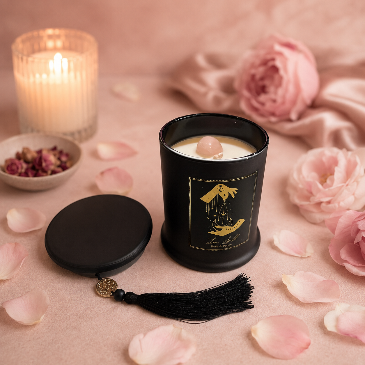 Vela Aromática Esotérica 300 g – Frasco de Vidrio Negro con Piedra