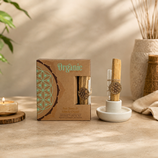 Kit Palo Santo con Selenita y Porta Incienso de Cerámica