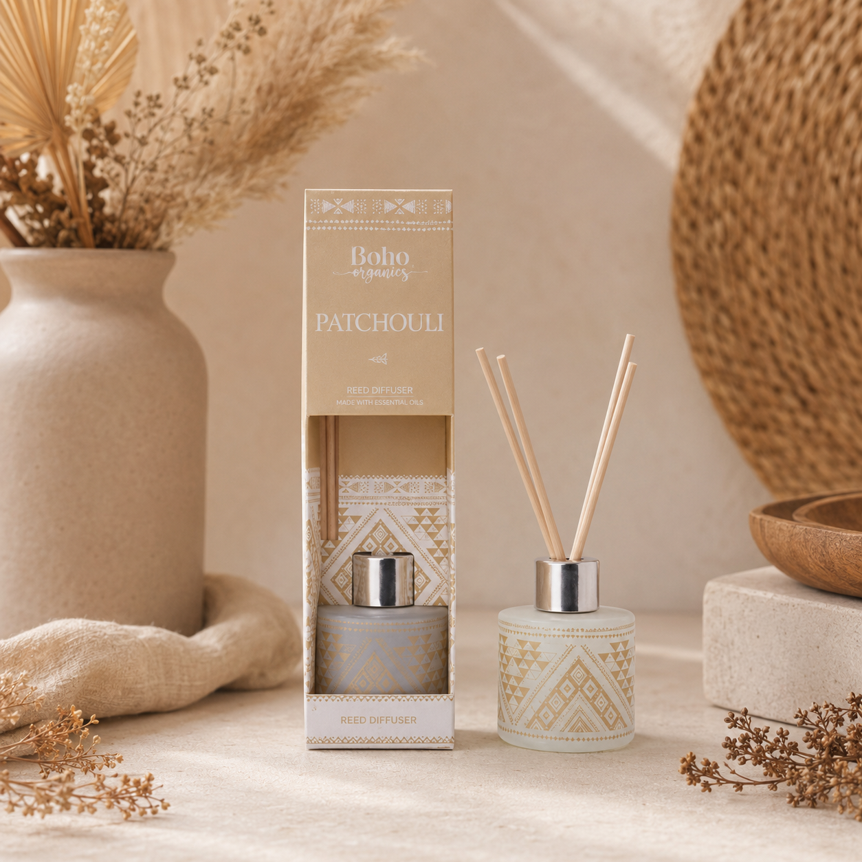 Difusor Aromático Boho Orgánico 50 ml con Varillas