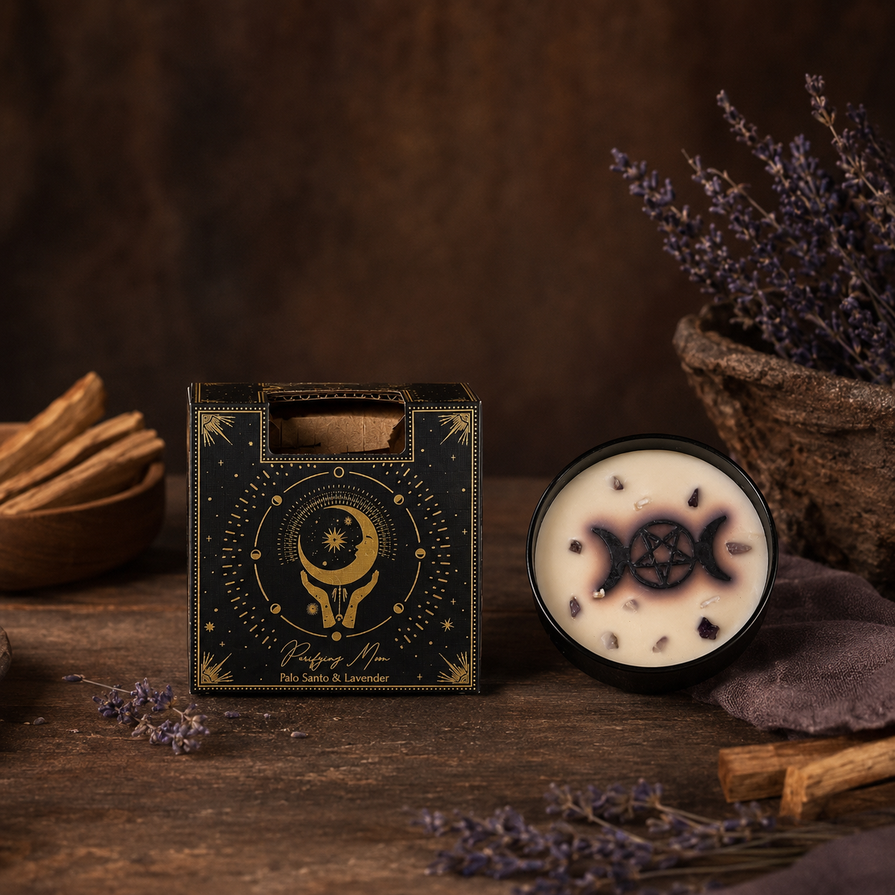 Vela Aromática Esotérica Triple Luna 200 g con Piedra Energética