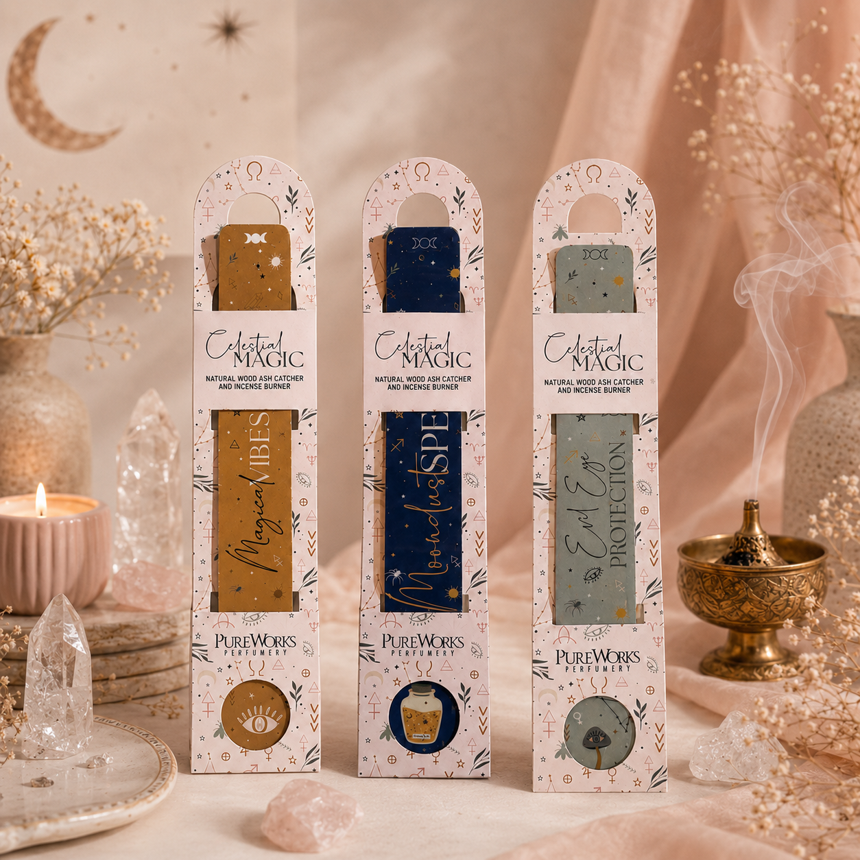 Quemador Porta/Incienso "Celestial Magic" (Madera y Epoxi) - Colección Mística
