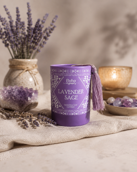 Vela Aromática Orgánica Boho 200 g con Piedra Energética
