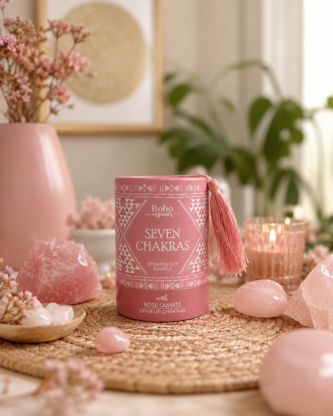 Vela Aromática Orgánica Boho 200 g con Piedra Energética