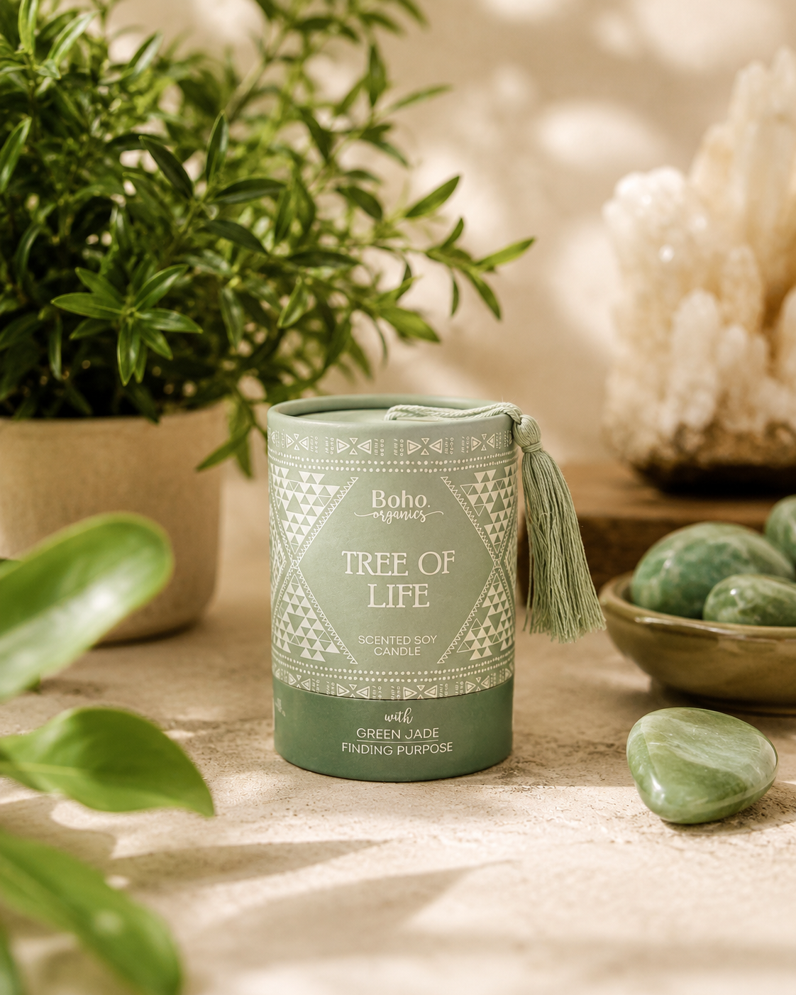 Vela Aromática Orgánica Boho 200 g con Piedra Energética