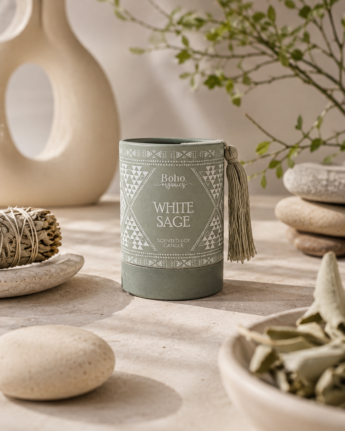 Vela Aromática Orgánica Boho 200 g con Piedra Energética