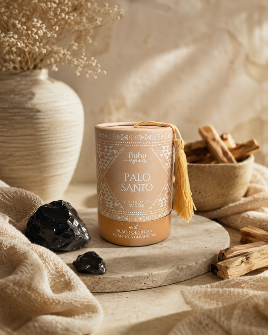 Vela Aromática Orgánica Boho 200 g con Piedra Energética
