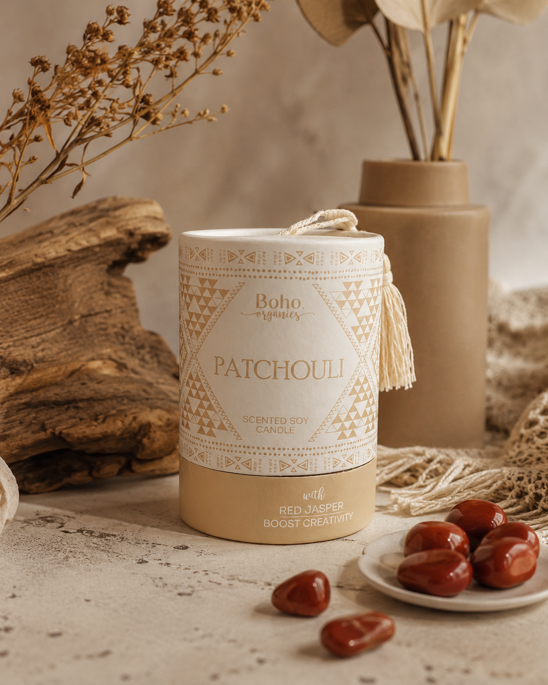 Vela Aromática Orgánica Boho 200 g con Piedra Energética