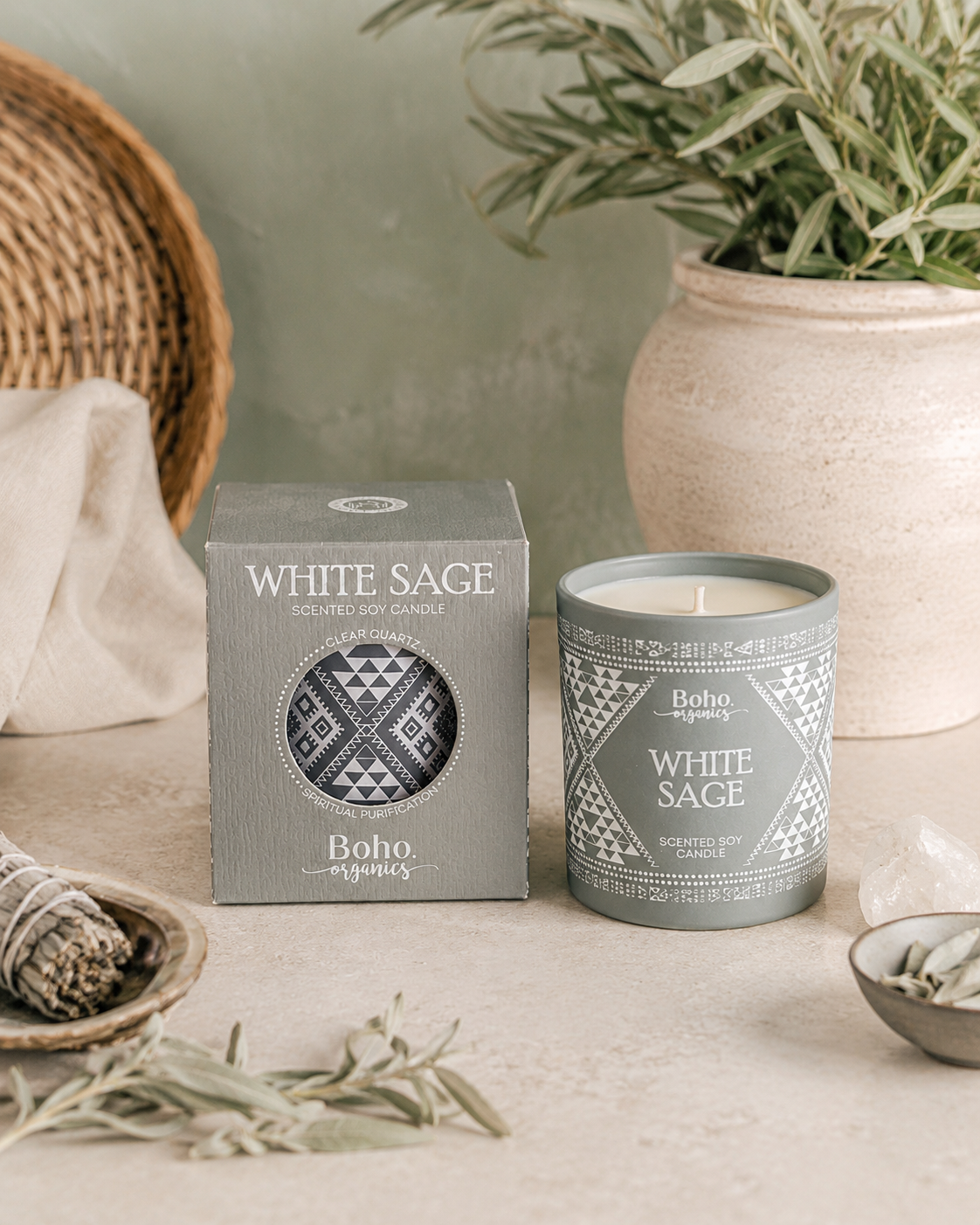 Vela Aromática Orgánica Boho 120 g con Piedras Energéticas