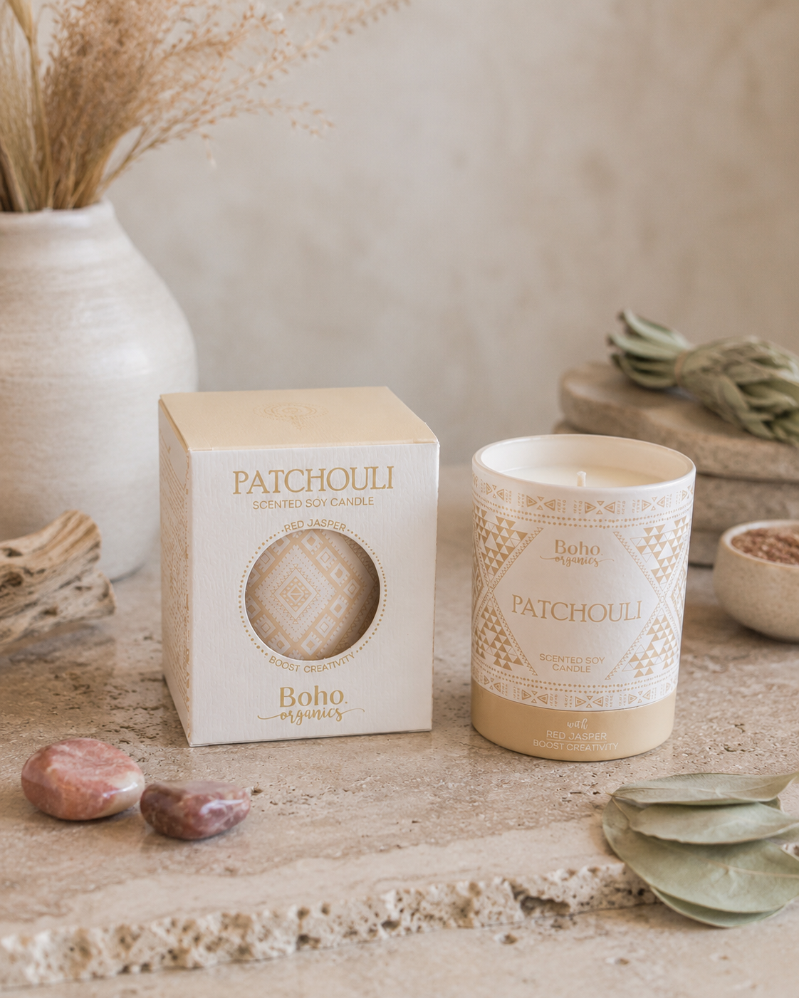 Vela Aromática Orgánica Boho 120 g con Piedras Energéticas