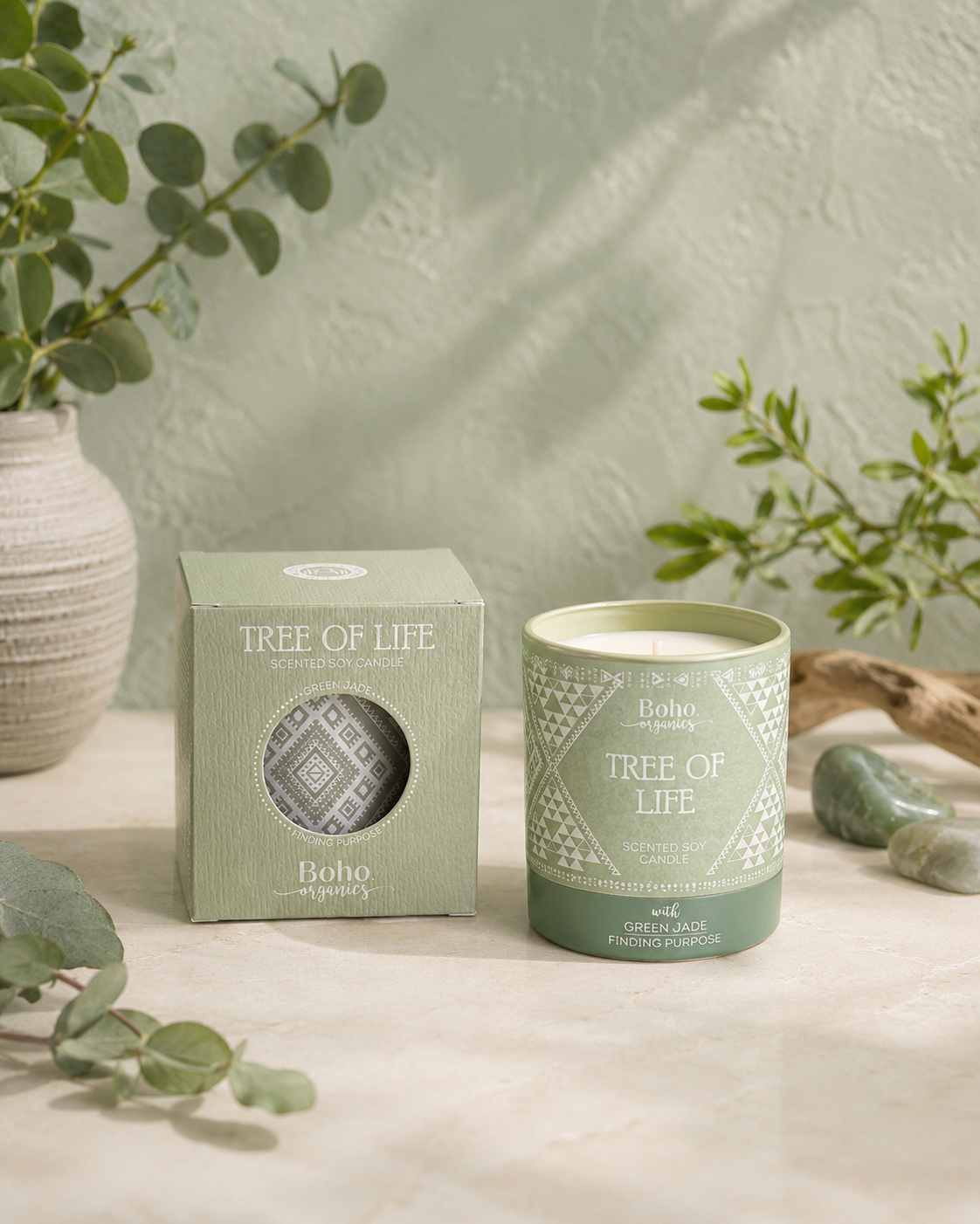 Vela Aromática Orgánica Boho 120 g con Piedras Energéticas