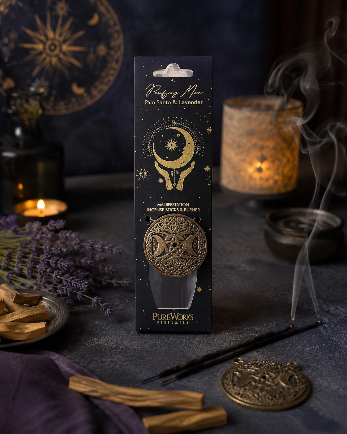 Kit Incienso Esotérico + Quemador de Metal (Luna Creciente) en Caja