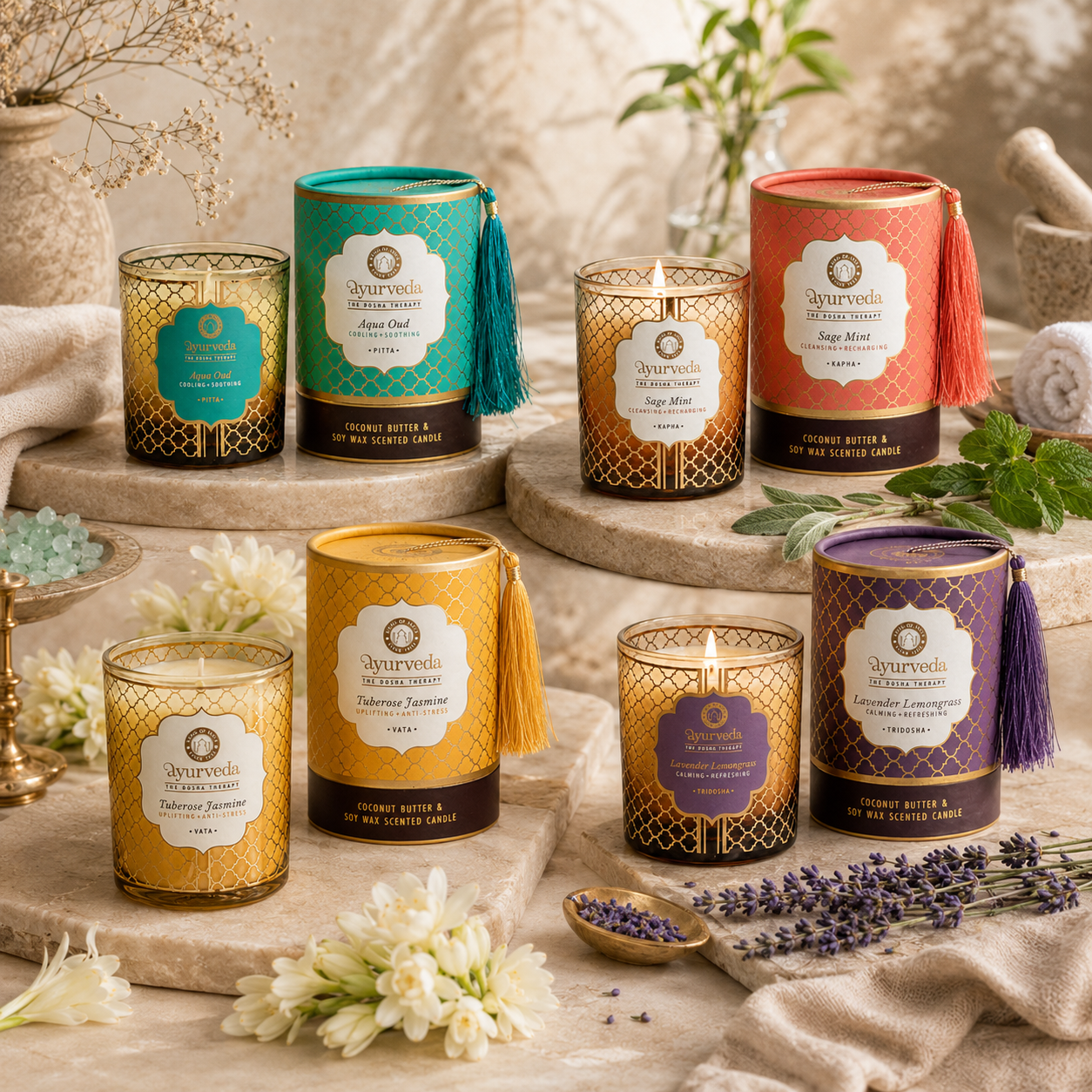 Vela Aromática Ayurveda 200 g  – Frasco de Vidrio con Estuche