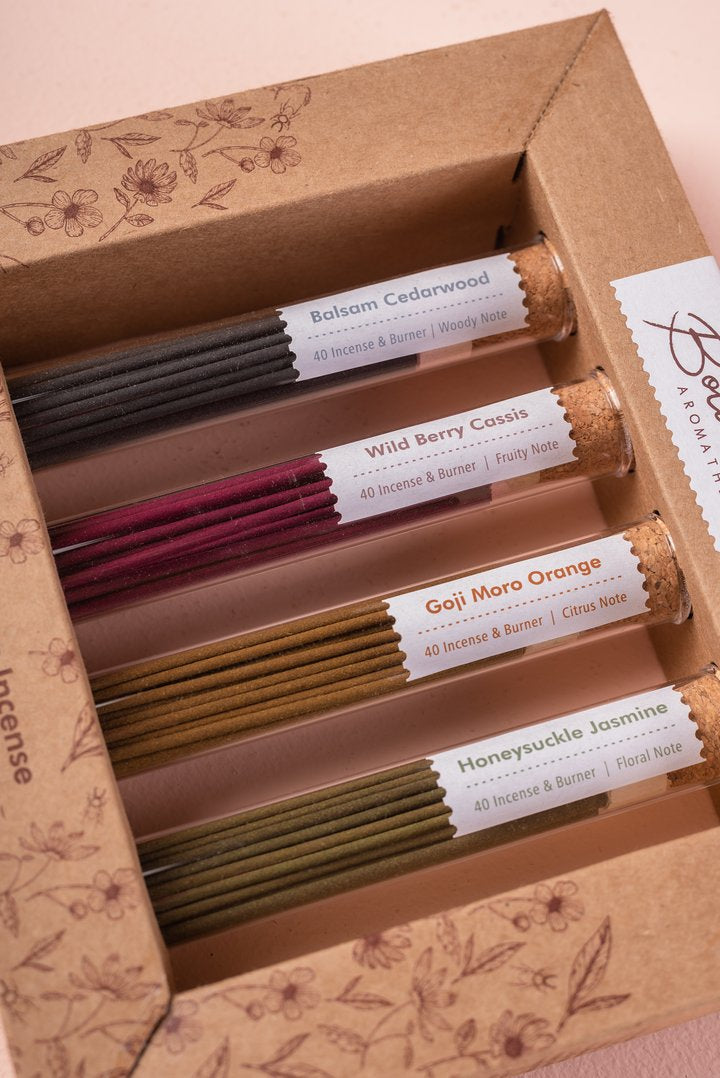 Set de Regalo Incienso Botánico Sin Bambú (4 Aromas) + Quemador Cerámica