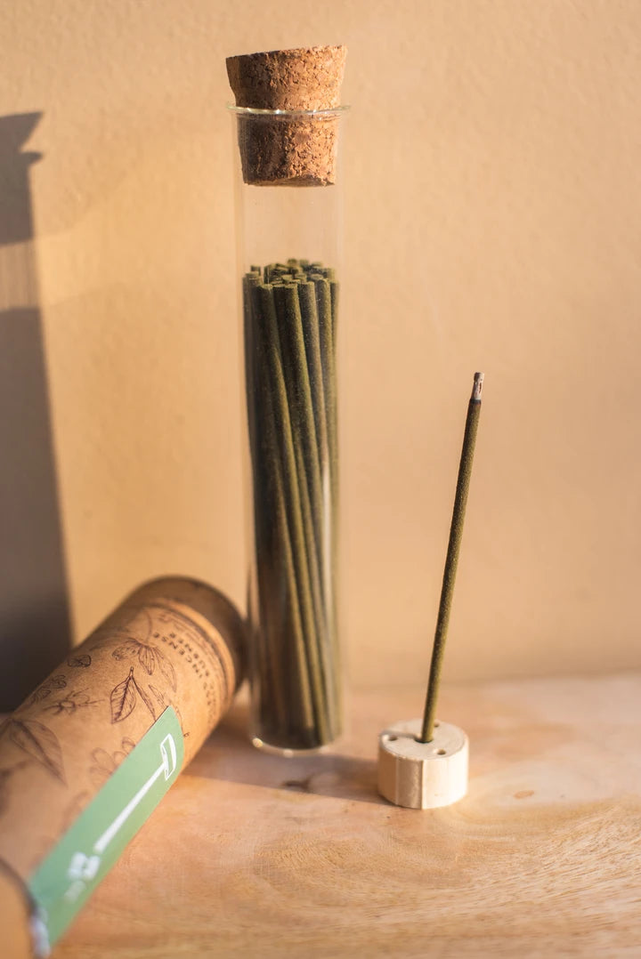 Incienso Botánico Sin Bambú (Bambooless) + Quemador - Tubo de Vidrio y Corcho