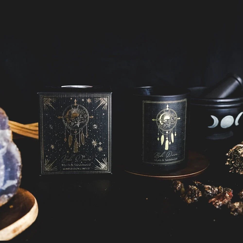 Esoteric Gem Candle - 🌳 Boho Dreams: Myrrh & Sandalwood (Rock Crystal Gemstones)