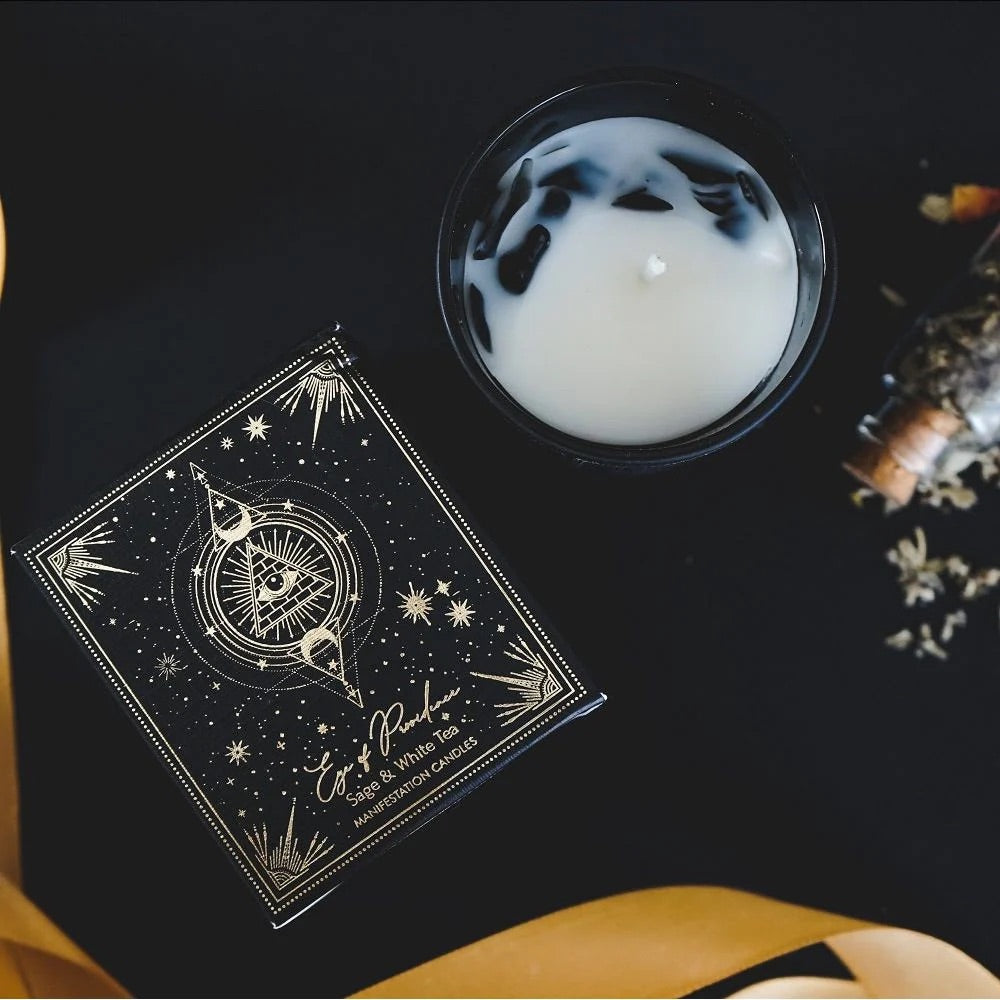 Esoteric Gem Candle - 👁️ Eye of Providence: Sage & White Tea (Obsidian Gemstones)