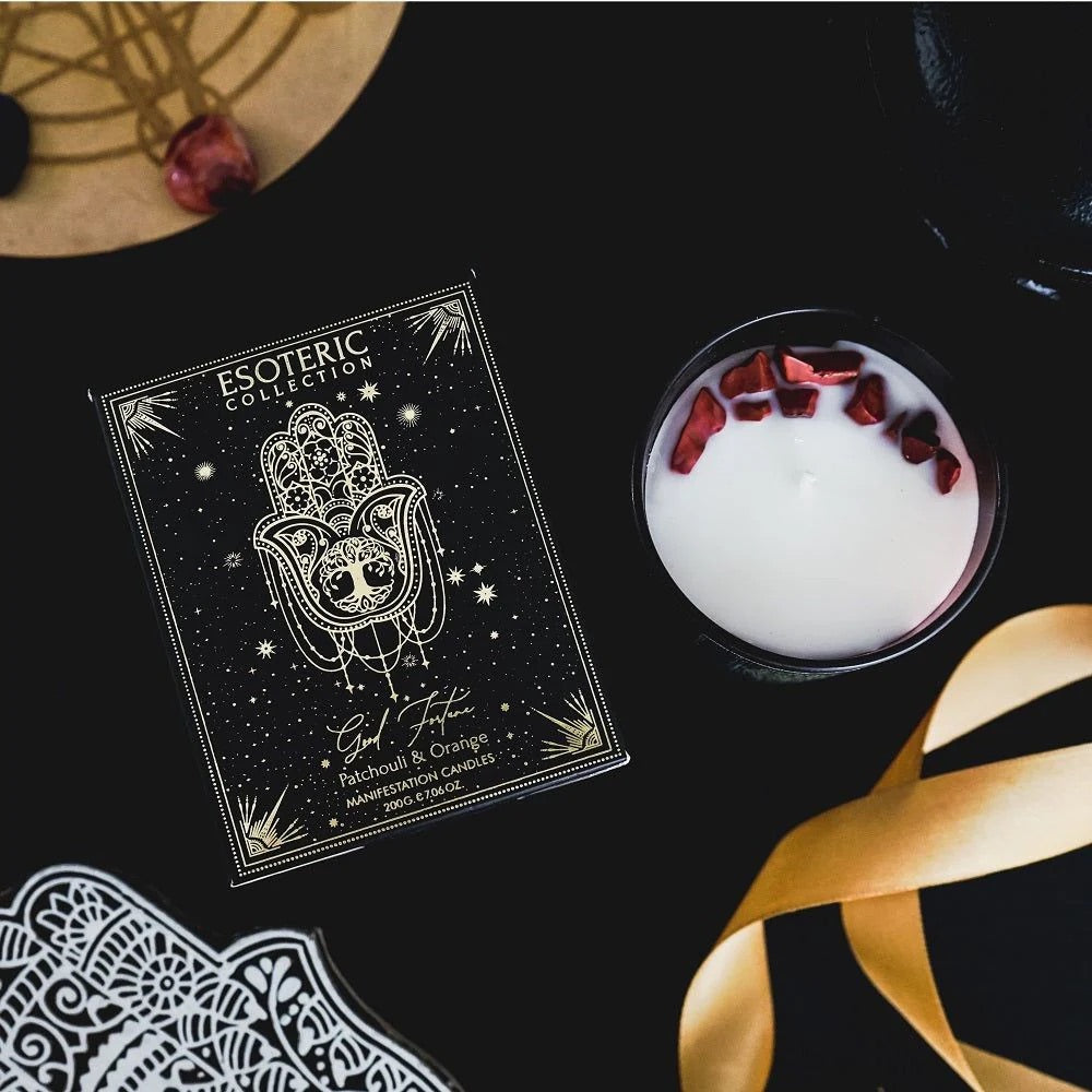 Esoteric Gem Candle - 🍊 Good Fortune: Patchouli & Orange (Red Jasper Gemstones)