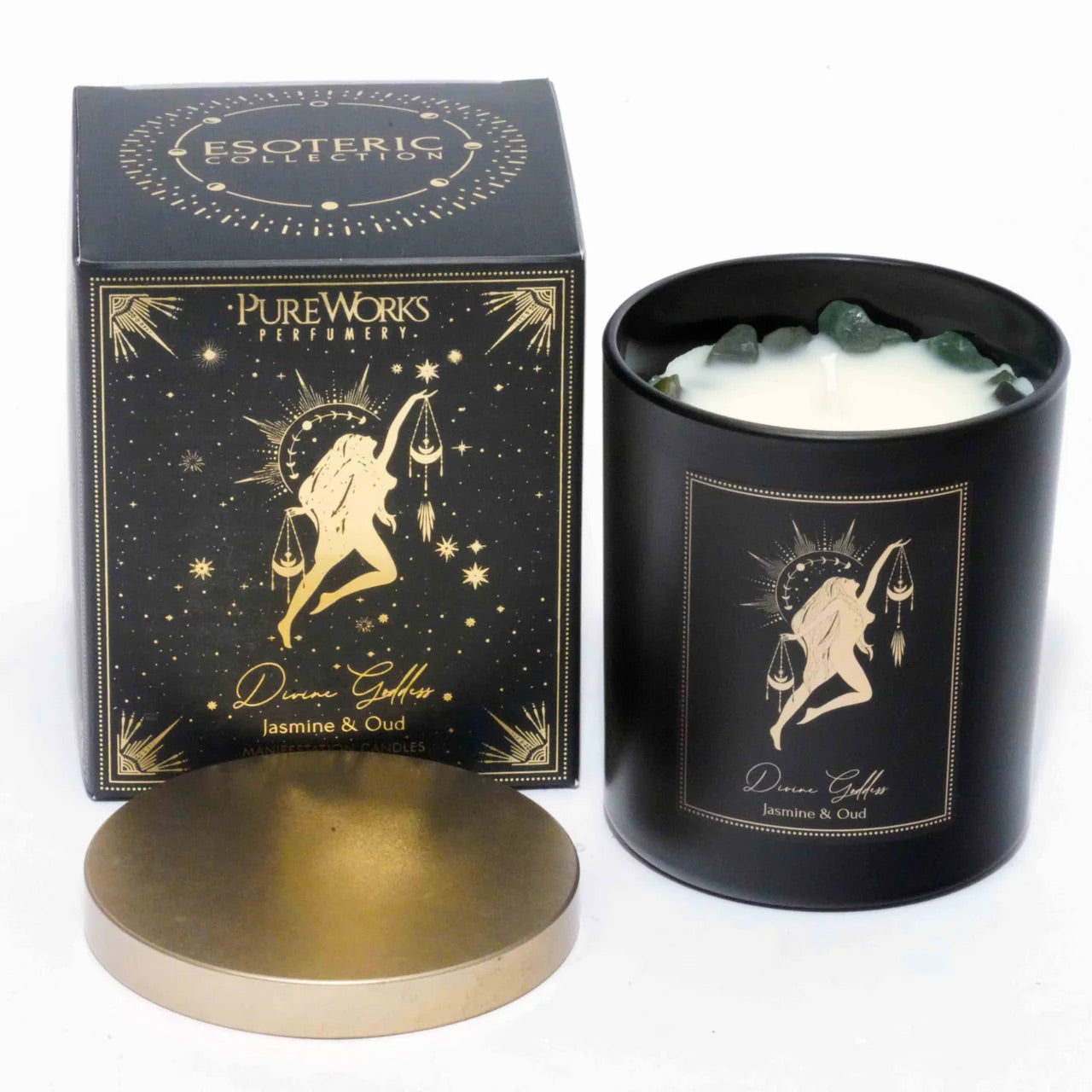 Manifestation Gem Candle - 🌺 Divine Goddess: Jasmine & Oud (Jade Gemstones)