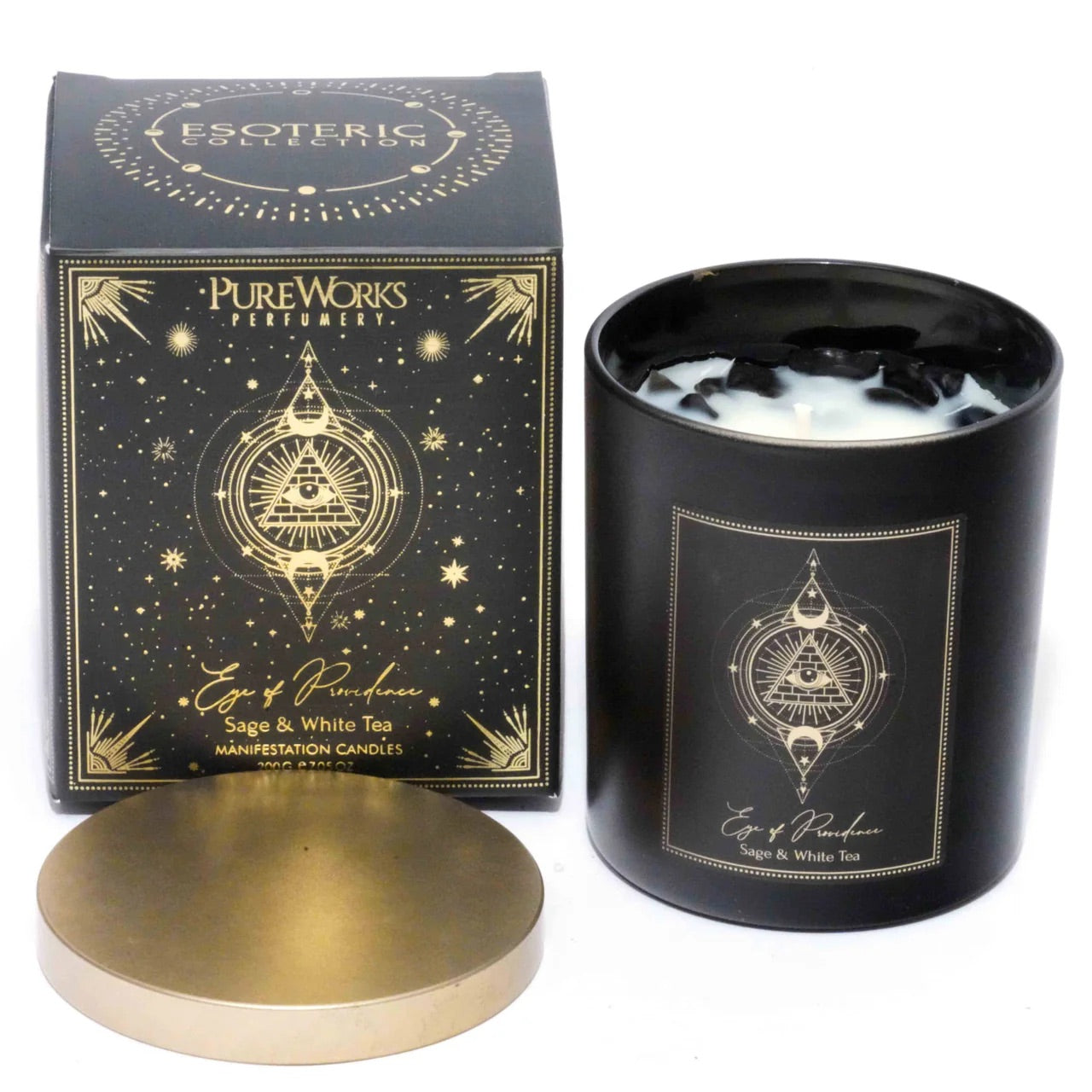 Manifestation Gem Candle - 👁️ Eye of Providence: Sage & White Tea (Obsidian Gemstones)