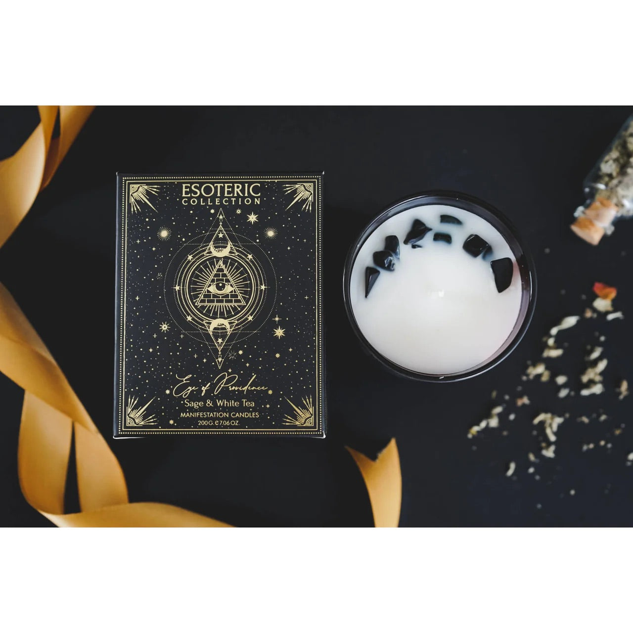 Manifestation Gem Candle - 👁️ Eye of Providence: Sage & White Tea (Obsidian Gemstones)