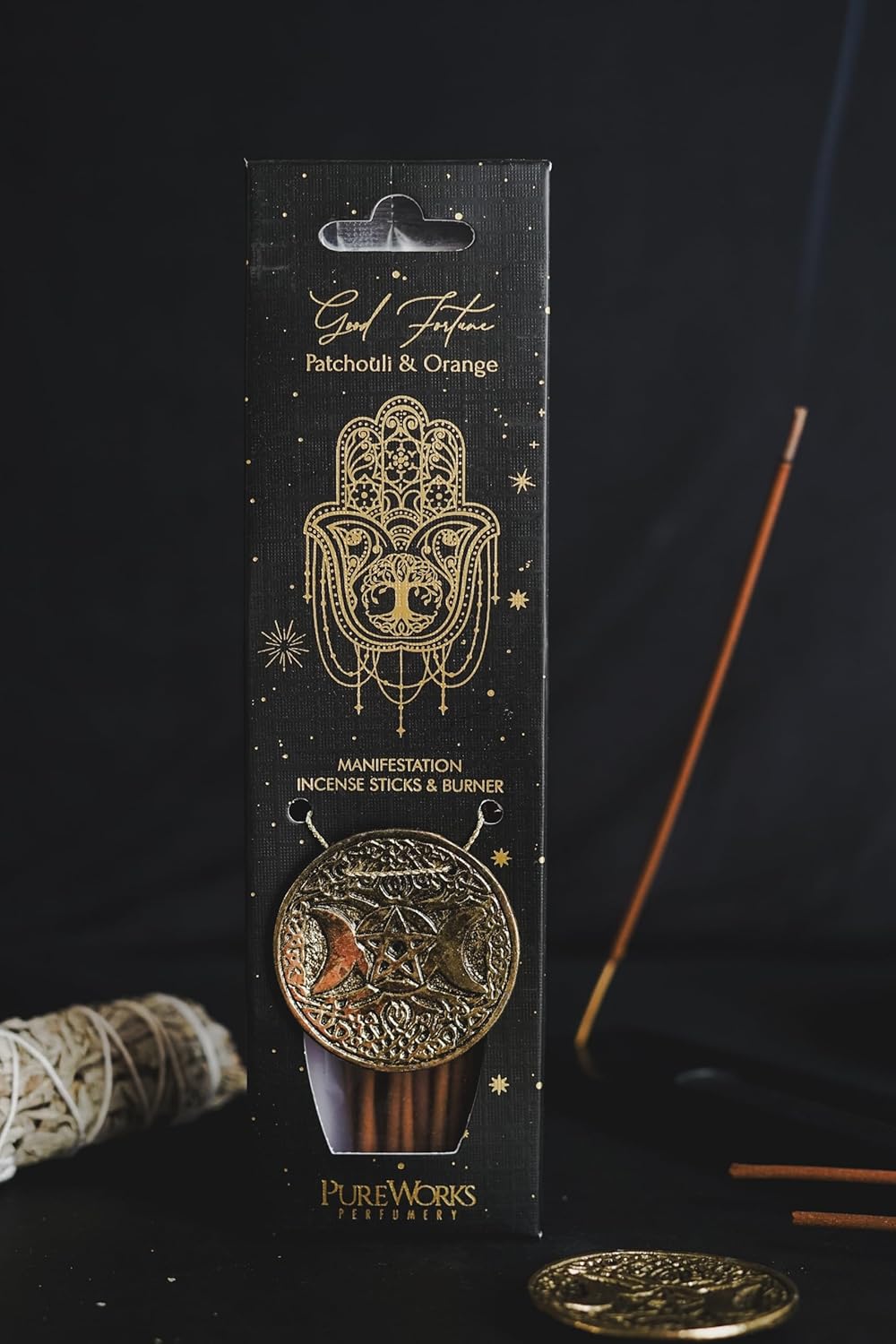 Kit Incienso Esotérico + Quemador de Metal (Luna Creciente) en Caja