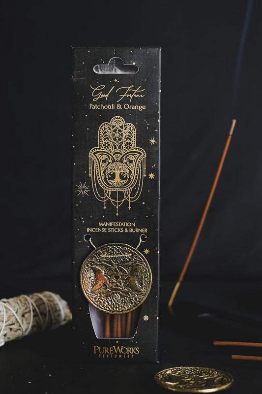 Kit Incienso Esotérico + Quemador de Metal (Luna Creciente) en Caja