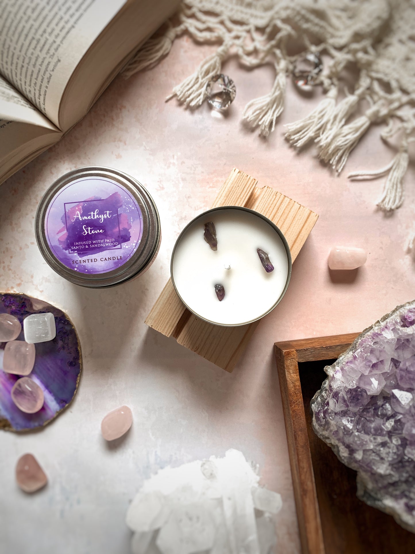 Vela Aromática con Piedras Energéticas 80 g – Frasco Metálico