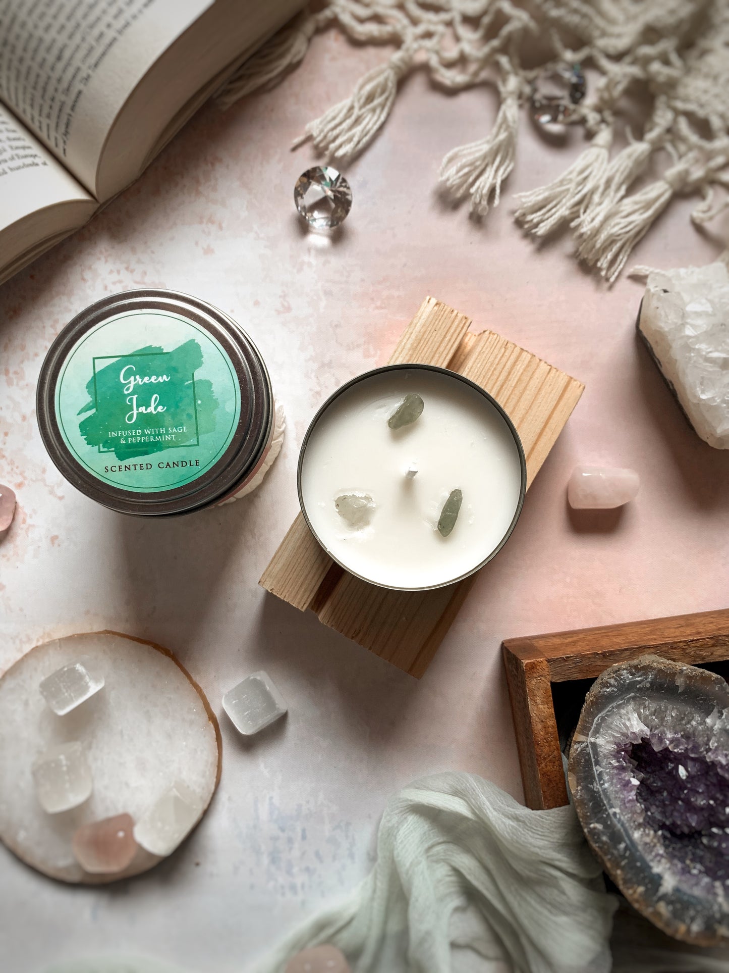 Vela Aromática con Piedras Energéticas 80 g – Frasco Metálico