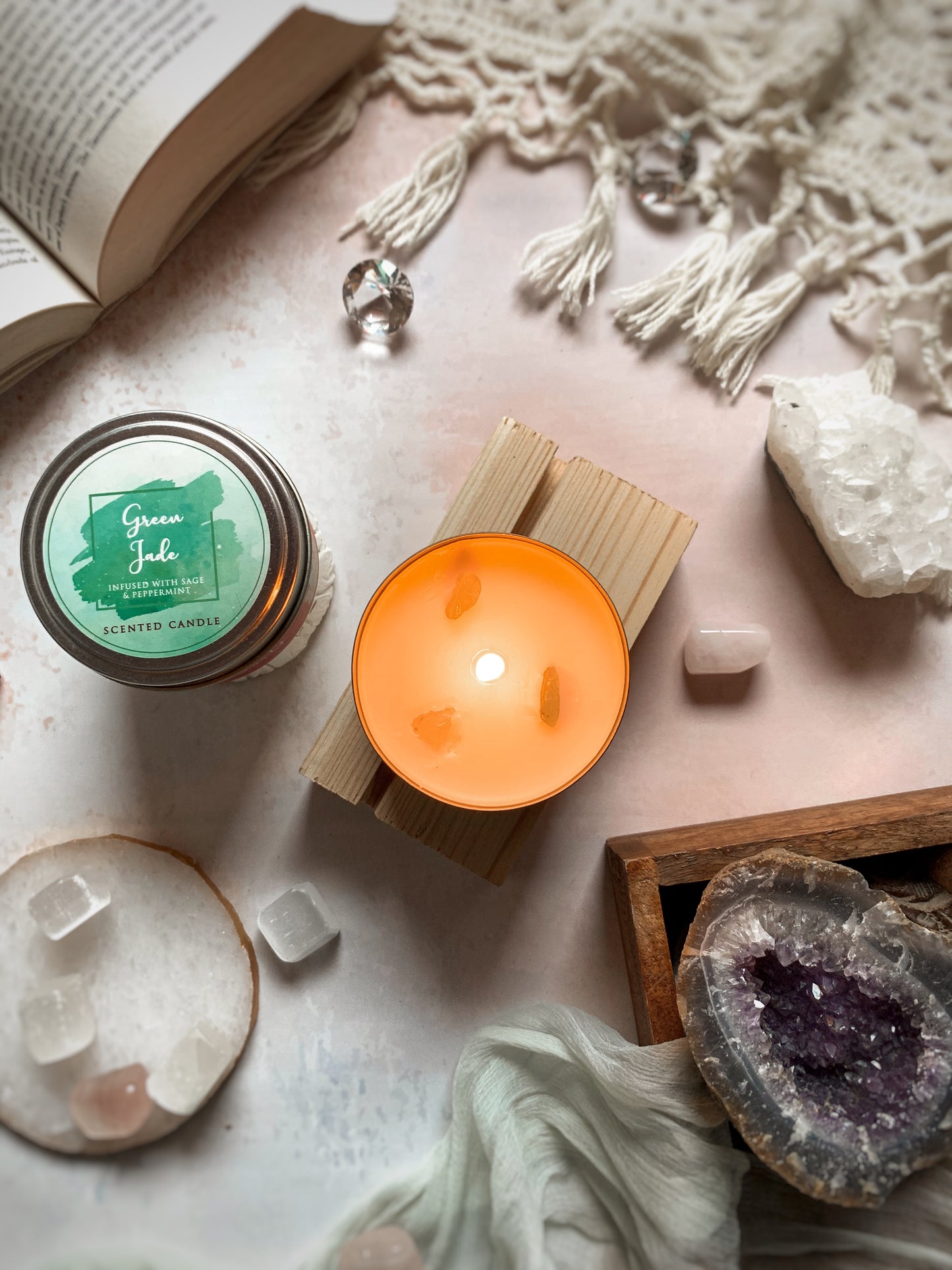 Vela Aromática con Piedras Energéticas 80 g – Frasco Metálico