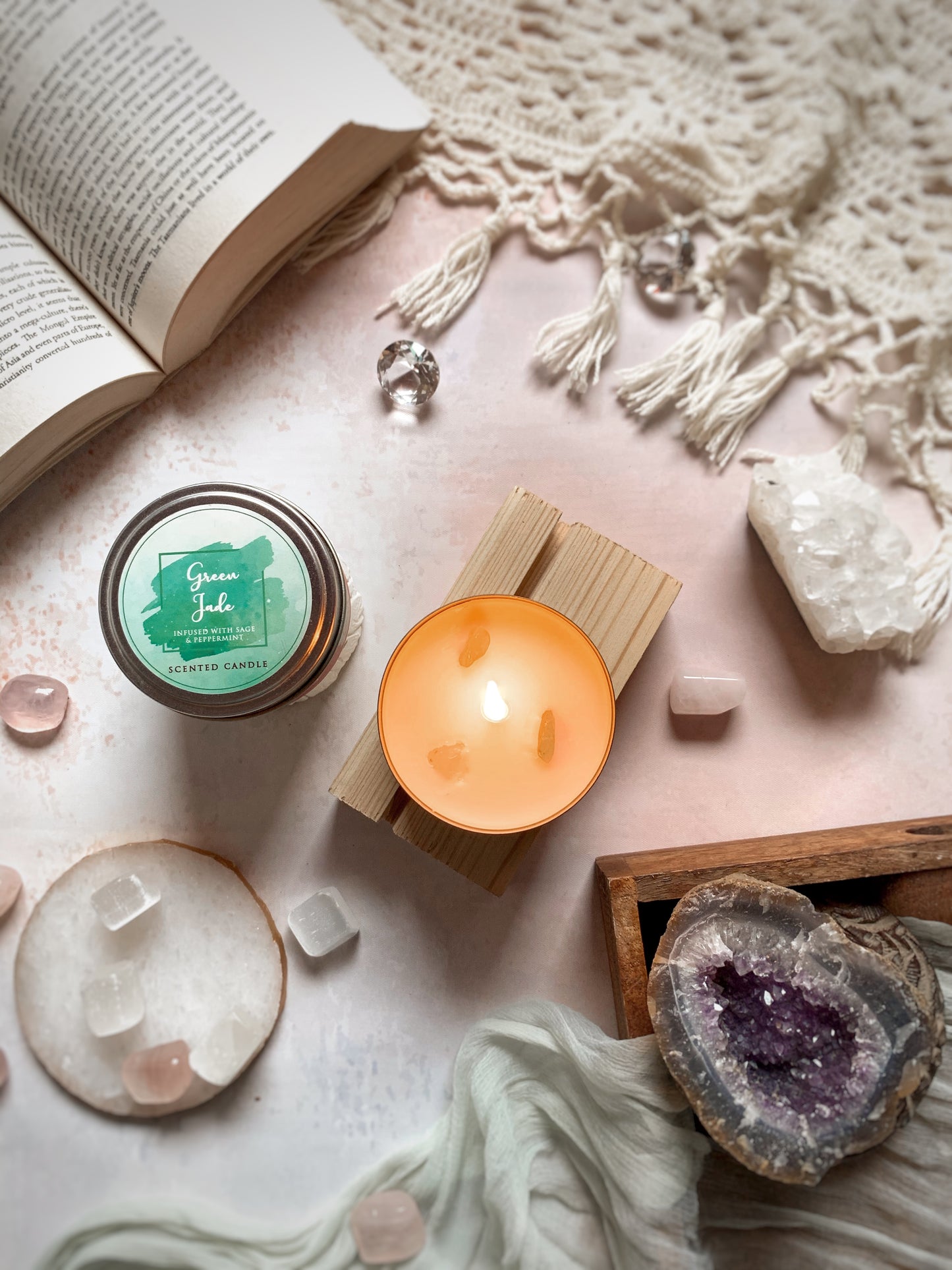 Vela Aromática con Piedras Energéticas 80 g – Frasco Metálico