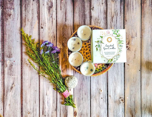 Set de 4 Velas Aromáticas con Piedras Energéticas 60 g – Caja de Regalo (4 Unidades)