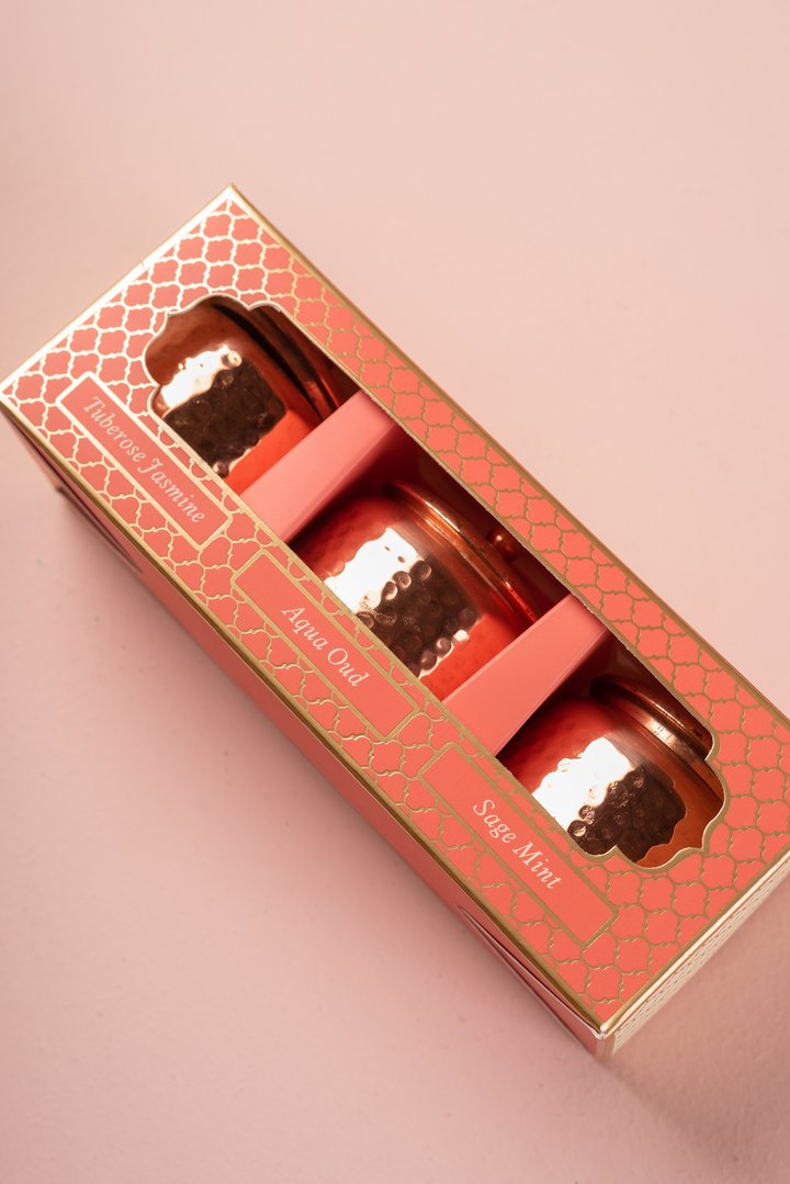 Set de Velas Aromáticas Ayurveda 100 g – Caja de Regalo (3 Unidades)