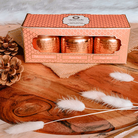 Set de Velas Aromáticas Ayurveda 100 g – Caja de Regalo (3 Unidades)