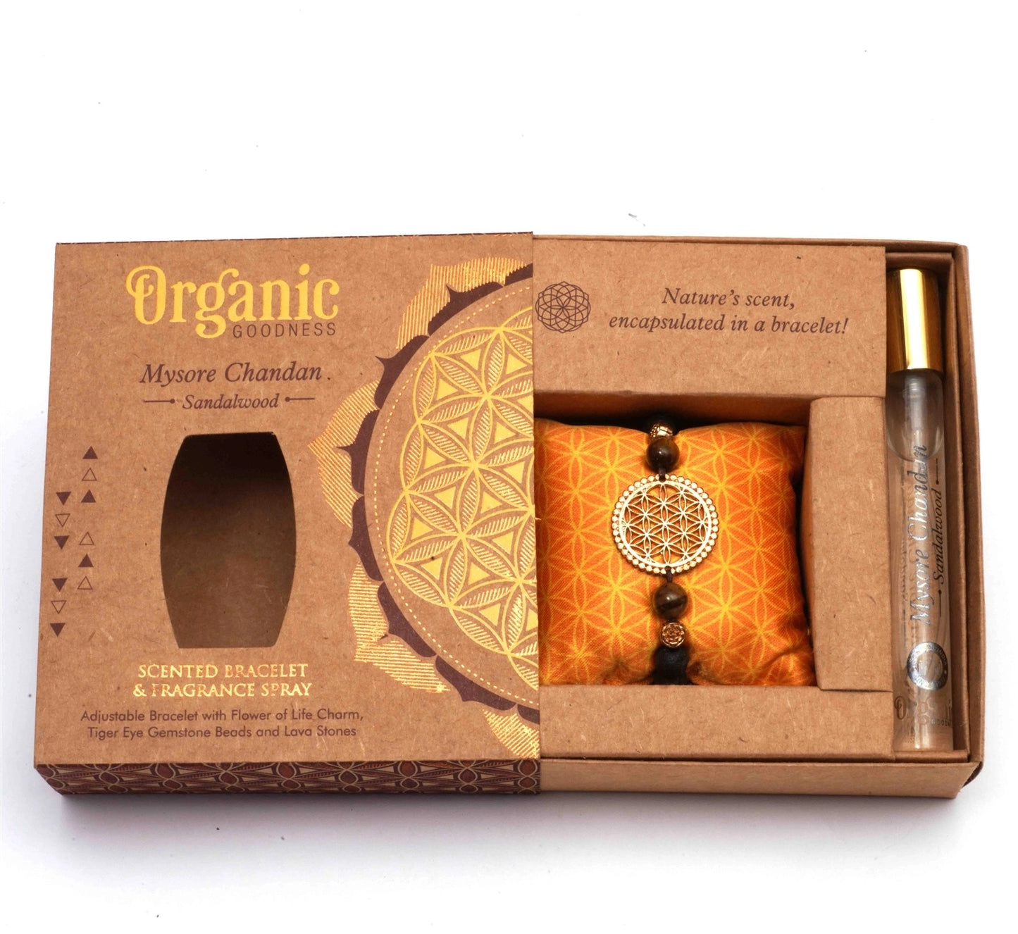 Kit Pulsera Flor de La Vida, Lava Volcanica y Perfume 12 ml - 🌳 Perfume Sándalo & Piedras de Ojo de Tigre